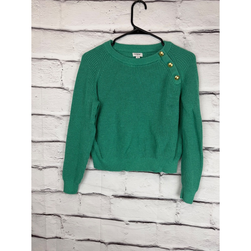 J.Crew Green Cotton Blend Shaker Stitch Shoulder Button Sweater XS Gold Buttons - Picture 2 of 9